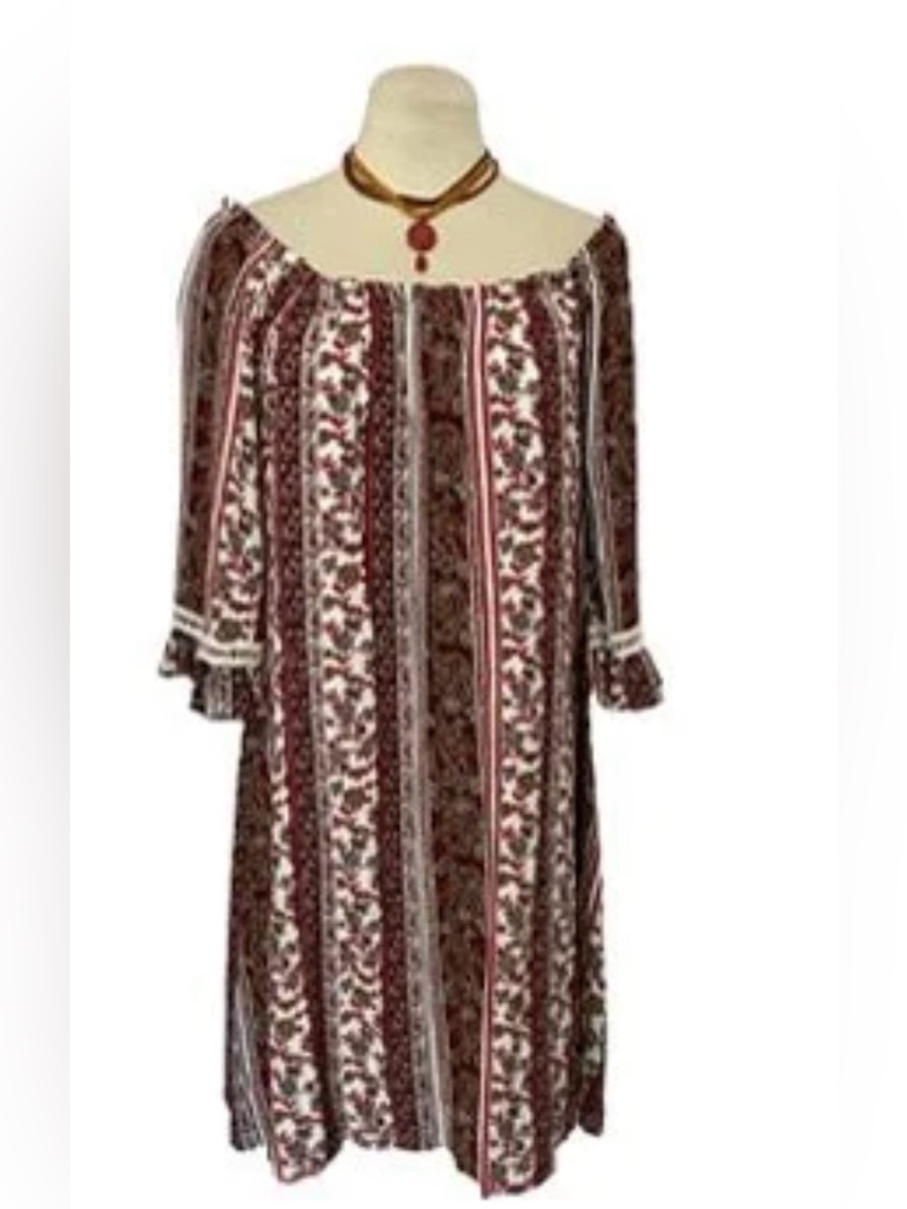 NAÏF Bohemian Stripe Floral Off-Shoulder Dress in Burgundy
